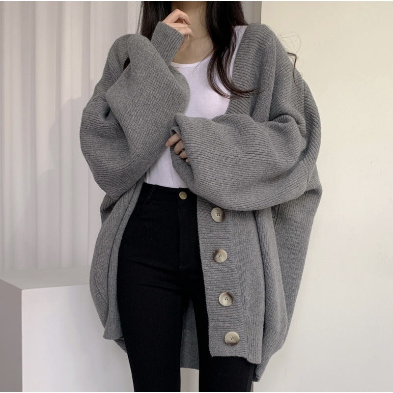 Preppy Solid Color V Neck Baggy Cardigan