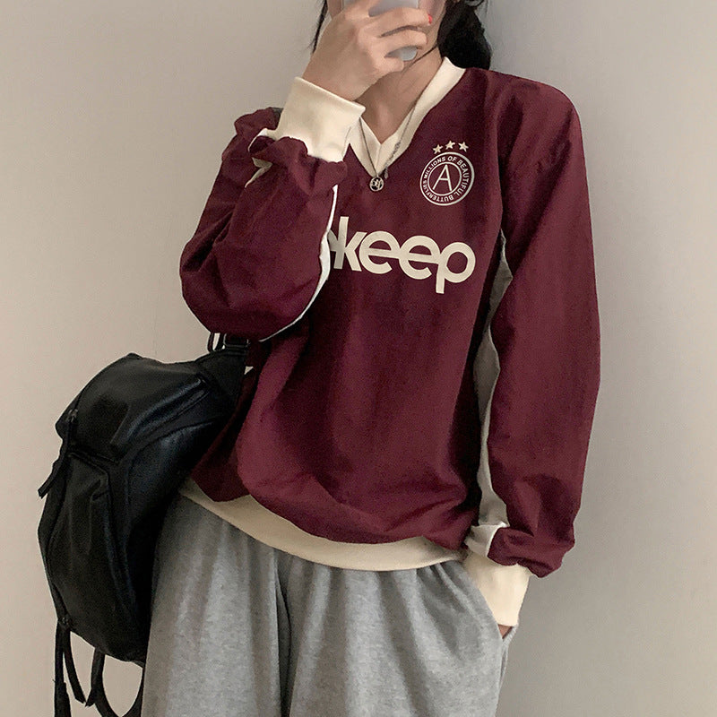 Preppy Contrast Color Letter Print V Neck Sweatshirt